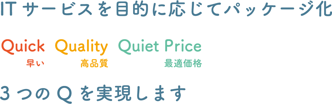 ITサービスを⽬的に応じてパッケージ化 Quick 早い Quality 高品質 Quiet Price 最適価格 3つのQを実現します
